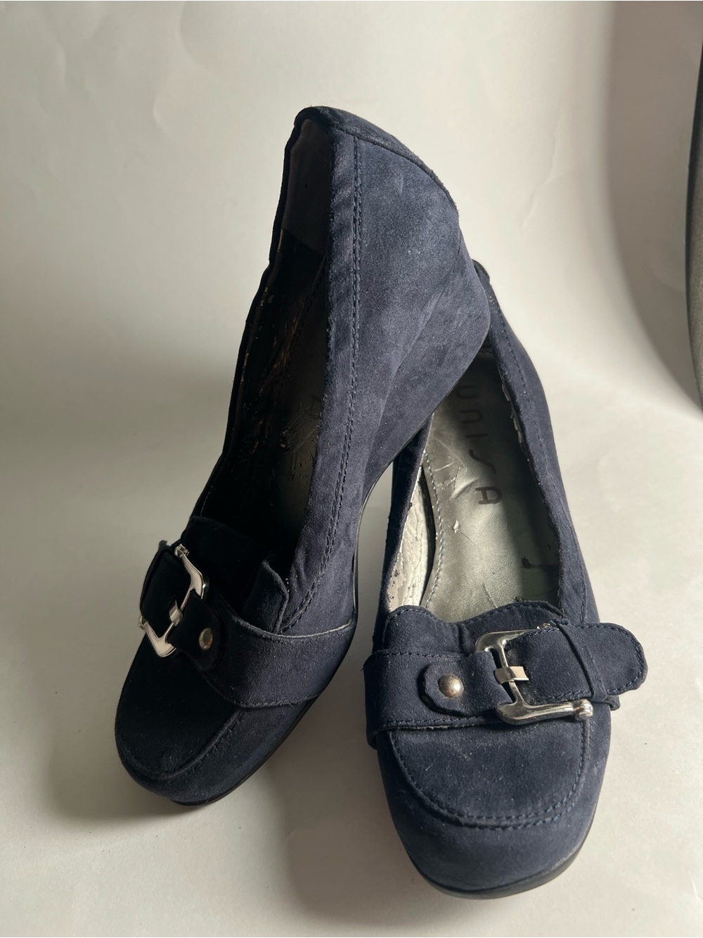 Unisa Navy Suede Wedges with Silver Buckle Size 6